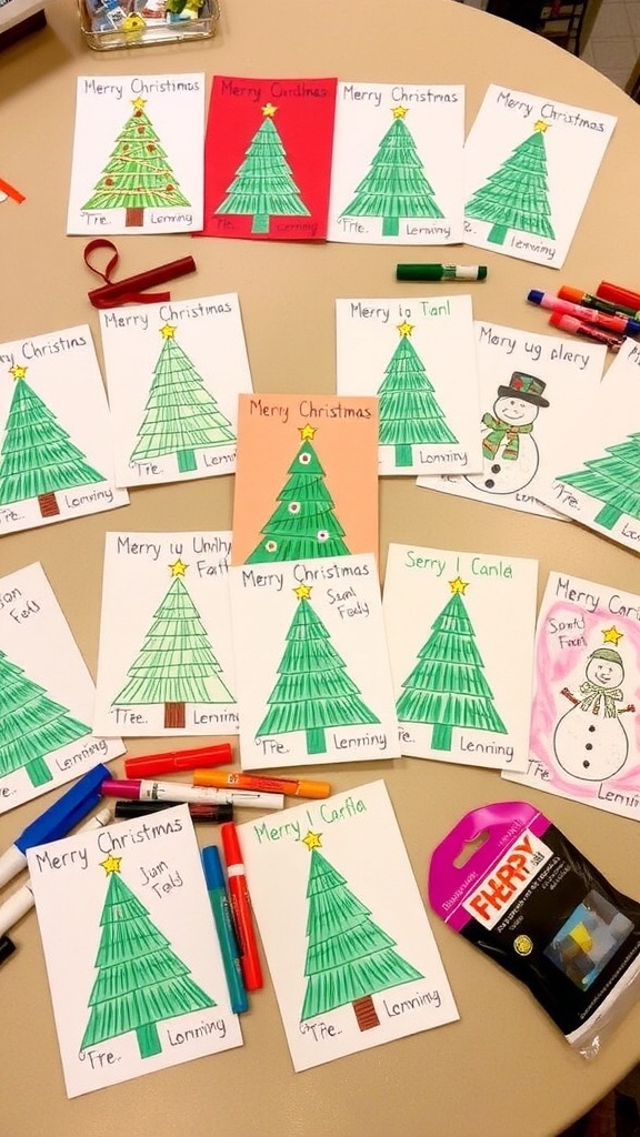 A collection of DIY Christmas cards made by kids, featuring festive designs and colorful decorations.